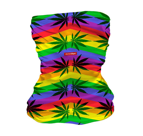 StonerDays Rainbow Stripes Neck Gaiter with vibrant cannabis leaf pattern, front view