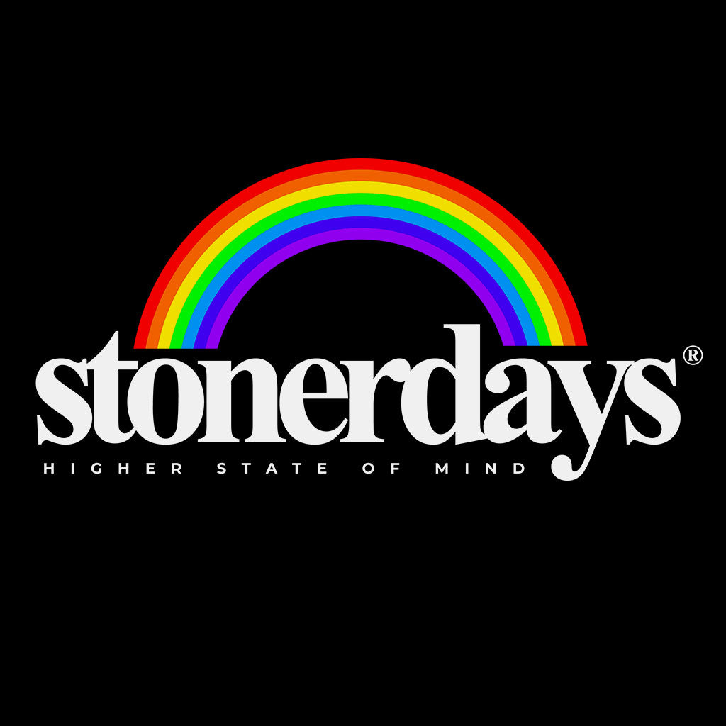 StonerDays Logo with Rainbow Tie Dye Design on Black Background for Unisex Tee