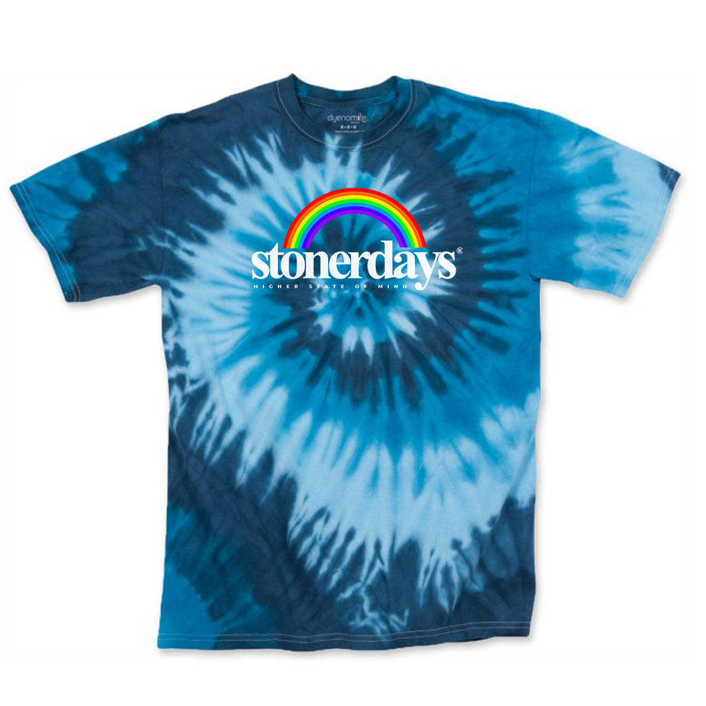 StonerDays Rainbow Tie Dye Tee in Blue, front view on white background, available in various sizes
