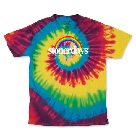 StonerDays Rainbow Tie Dye Tee front view, vibrant cotton t-shirt with spiral pattern and logo