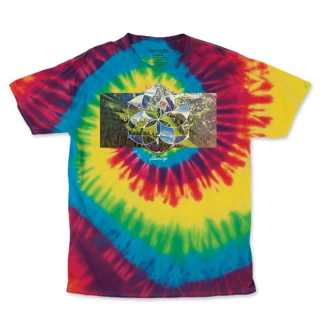 StonerDays Rainbow Unity Tie Dye Tee with vibrant red, yellow, and blue swirls, front view on white