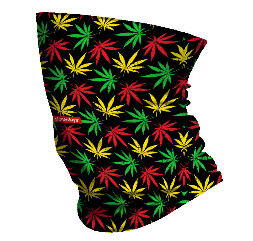 StonerDays Rasta Leaf Neck Gaiter with vibrant red, yellow, and green cannabis leaf pattern