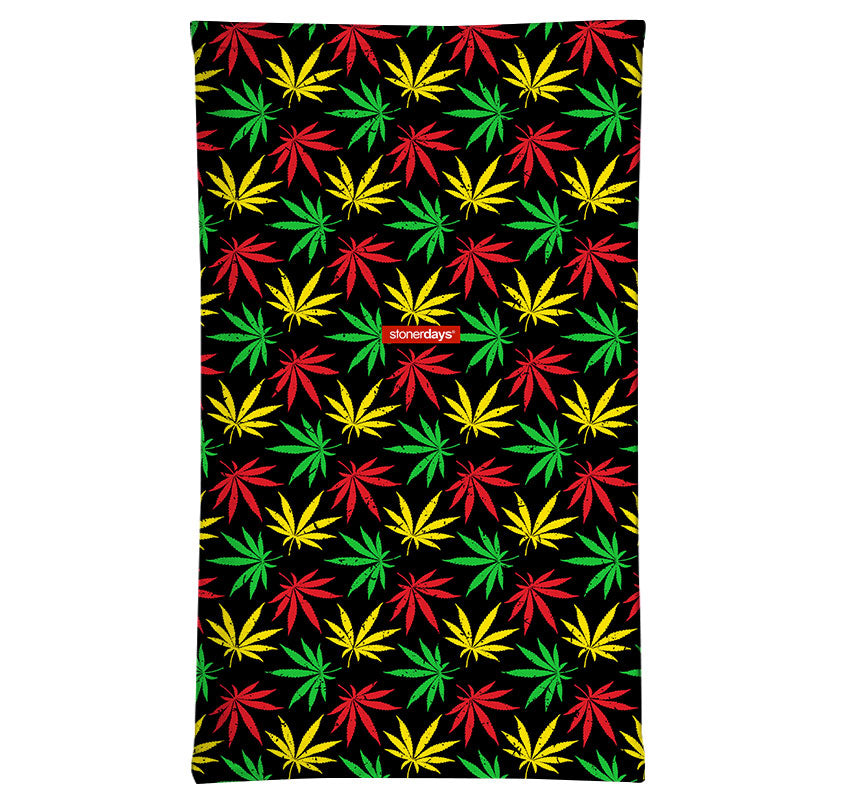 StonerDays Rasta Cannabis Leaf Pattern Neck Gaiter, vibrant polyester fabric, front view