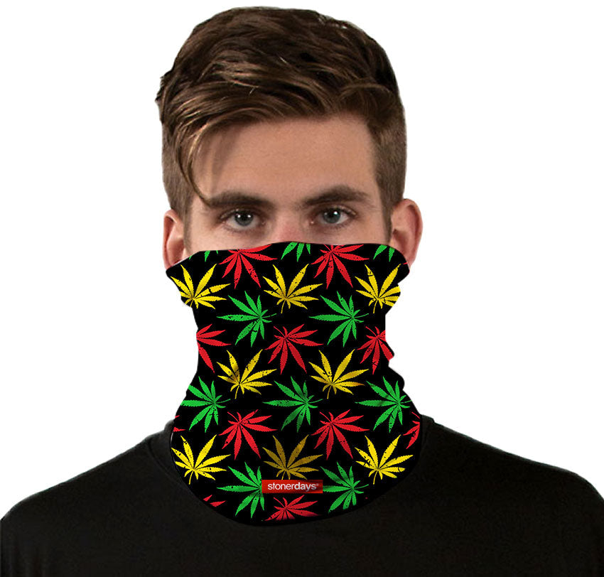 StonerDays Rasta Cannabis Leaf Neck Gaiter on Model, Vibrant Polyester Fabric