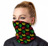 StonerDays Rasta Cannabis Leaf Neck Gaiter worn by model, vivid colors, front view