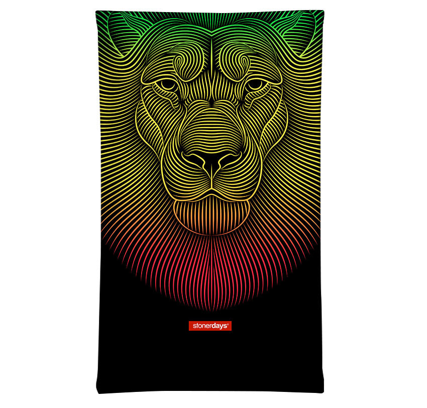 StonerDays Rasta Lion Roar Neck Gaiter featuring vibrant rasta colors, front view on white background