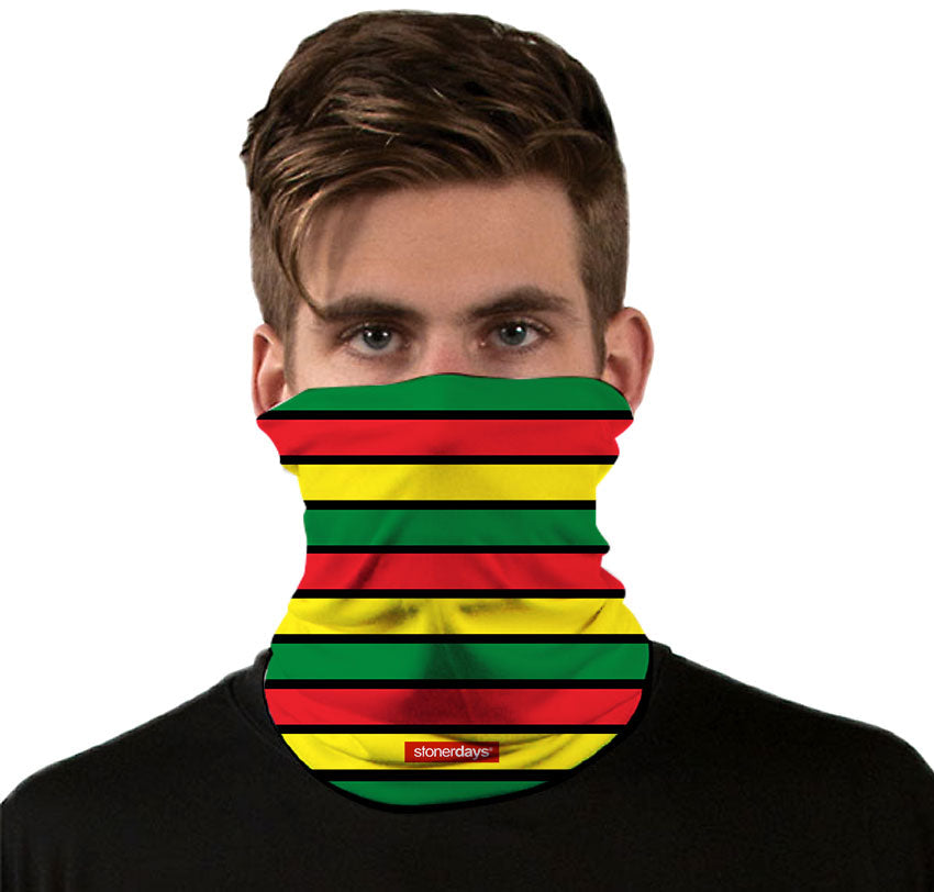 StonerDays Rasta Stripes Neck Gaiter in Red Yellow Green on model, front view