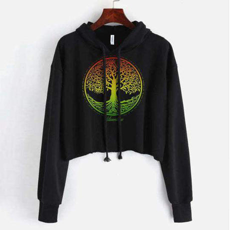 StonerDays Rasta Tree of Life Crop Top Hoodie in black with vibrant front print, perfect for casual wear