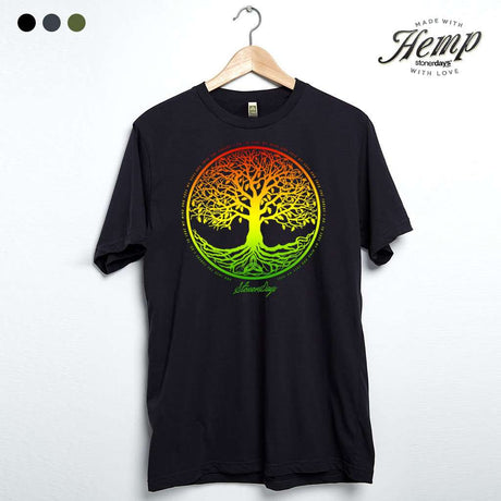 StonerDays Rasta Tree of Life tee in black hemp, front view on hanger with colorful design