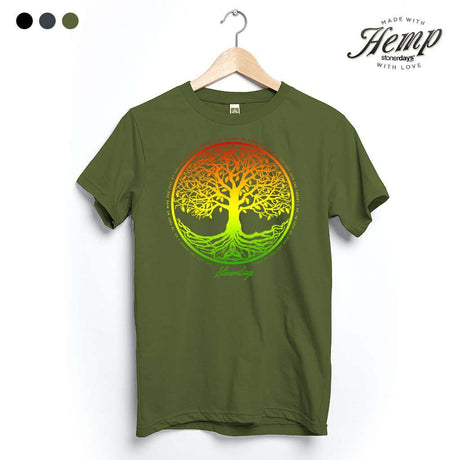 StonerDays Rasta Tree of Life design on Hemp Tee in Herb Green, front view on hanger