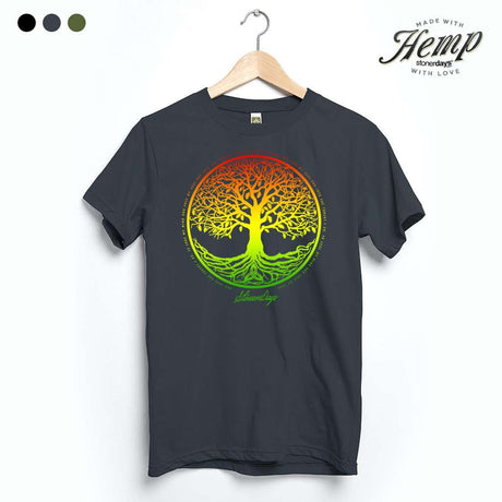 StonerDays Rasta Tree of Life Tee in Smoke Grey with vibrant psychedelic design, front view on hanger