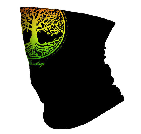 StonerDays Rasta Tree of Life Neck Gaiter with vibrant green, yellow, and red design on black