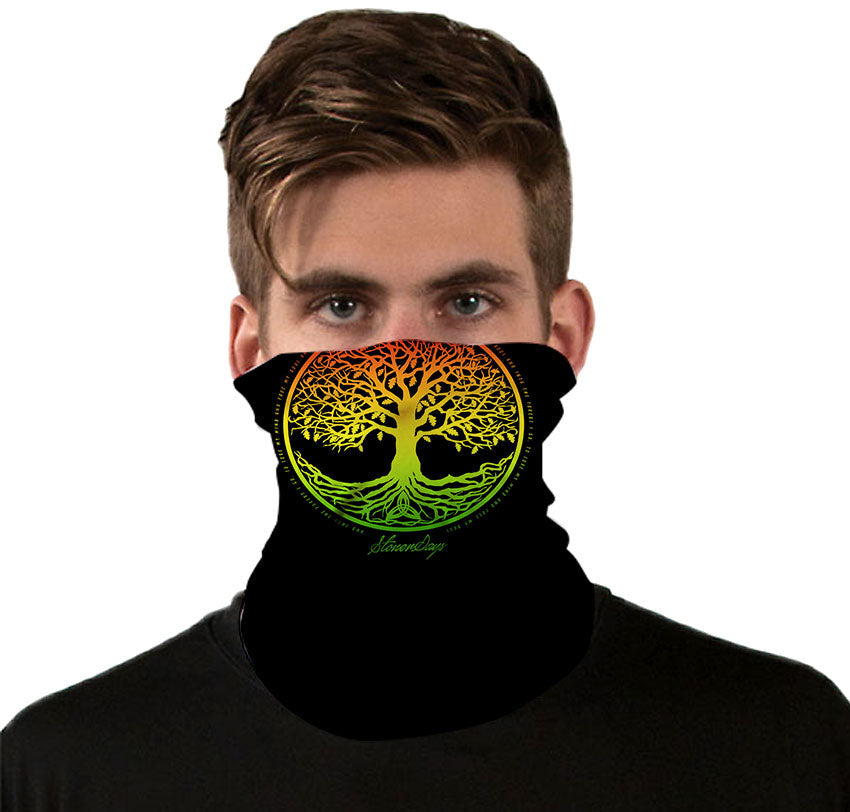 StonerDays Rasta Tree of Life Neck Gaiter on model, vibrant colors, front view, one size fits all