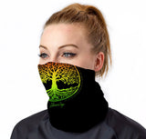 StonerDays Rasta Tree Of Life Neck Gaiter with vibrant colors, front view on model