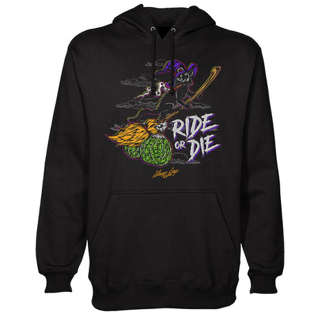 StonerDays Ride Or Die Kitty Hoodie in black, front view with vibrant graphic print