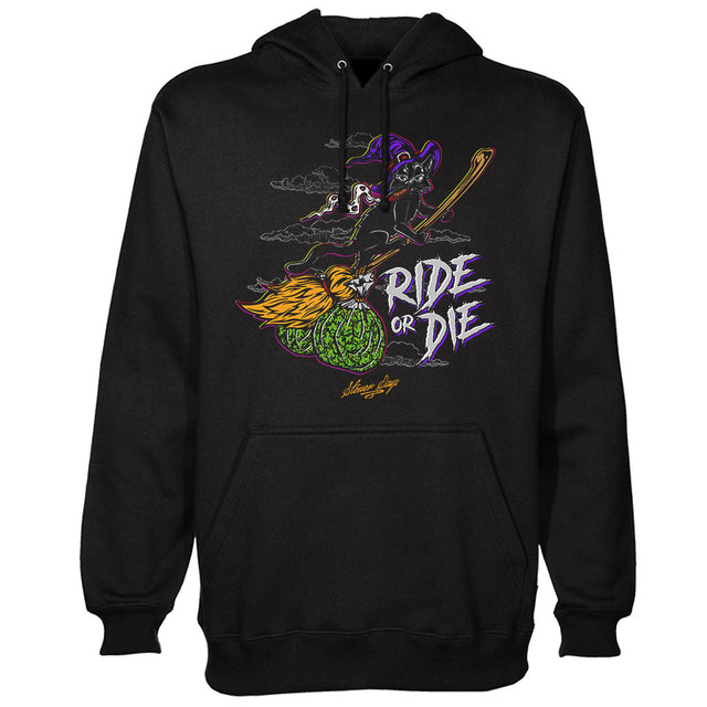 StonerDays Ride Or Die Kitty Hoodie in black, front view with vibrant graphic print