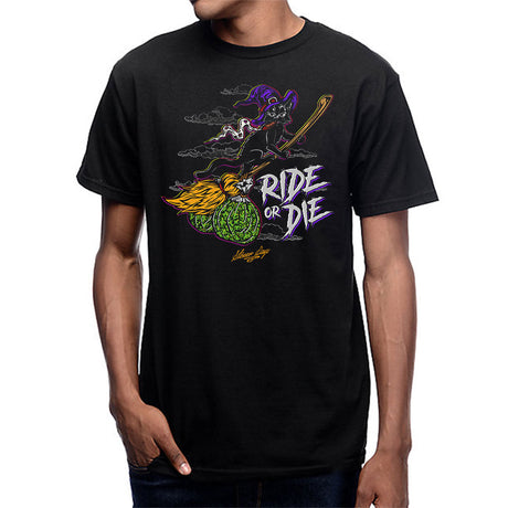 StonerDays Ride Or Die Kitty black t-shirt with vibrant graphic, front view on male model