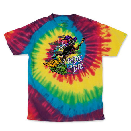 StonerDays Ride Or Die Kitty Tie Dye Tee, vibrant cotton t-shirt with front view on white background