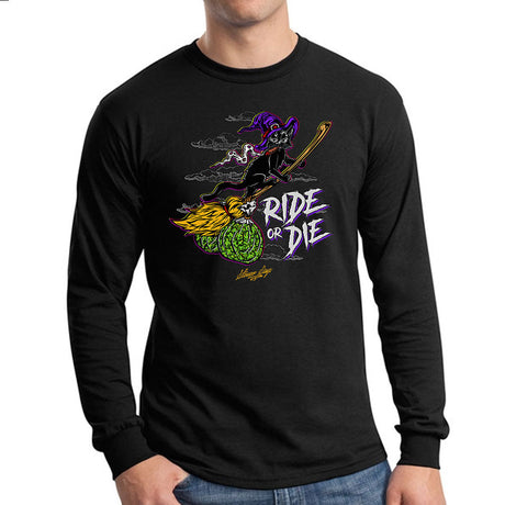 StonerDays Ride Or Die Men's Long Sleeve Cotton Shirt in Black, Front View