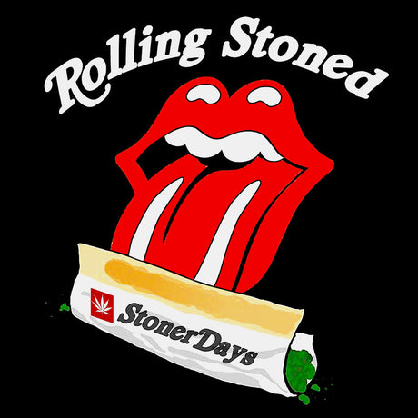StonerDays Rolling Stoned T-Shirt design with iconic tongue and rolling paper graphic on black