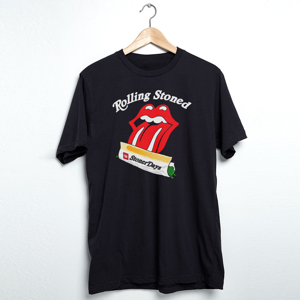 StonerDays 'Rolling Stoned' Men's Black Cotton T-Shirt on Hanger - Front View