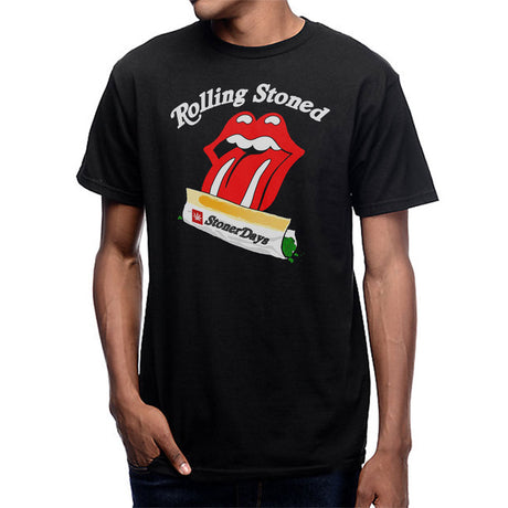 StonerDays Rolling Stoned Men's Black T-Shirt Front View with Iconic Tongue Graphic