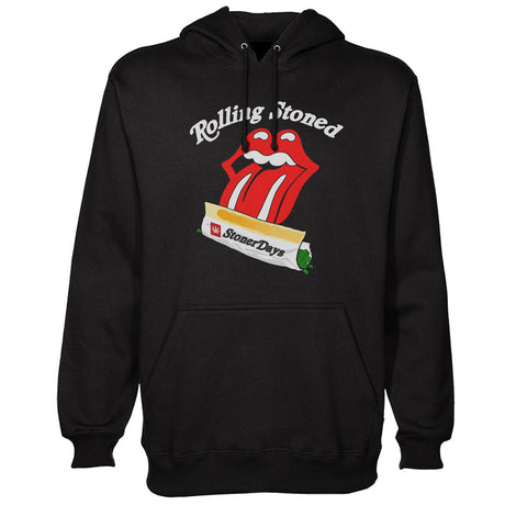 StonerDays Rolling Stoned black hoodie front view with iconic tongue graphic design
