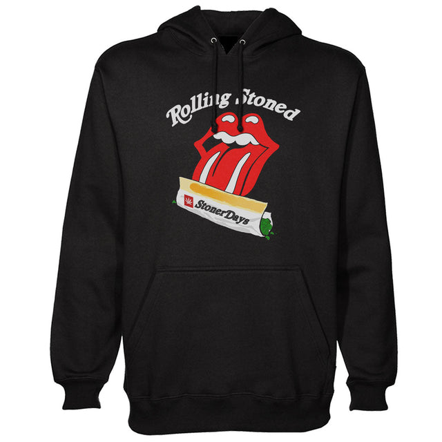 StonerDays Rolling Stoned black hoodie front view with iconic tongue graphic design