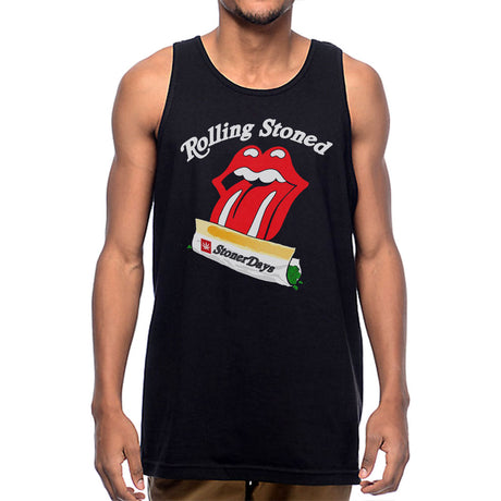 StonerDays Rolling Stoned Tank Top in black, front view on male model, sizes S-XXXL, cotton blend