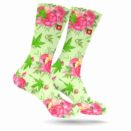 StonerDays vibrant green socks with red roses and cannabis leaves, cozy cotton blend, sizes M-L