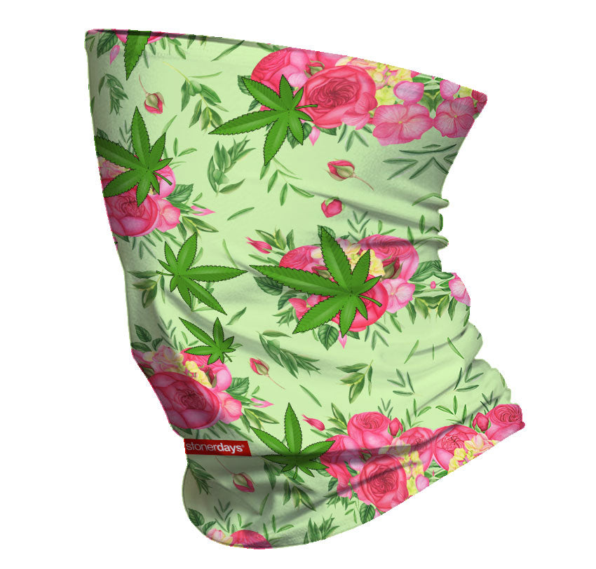 StonerDays Neck Gaiter with Roses and Kush Design on Green Background