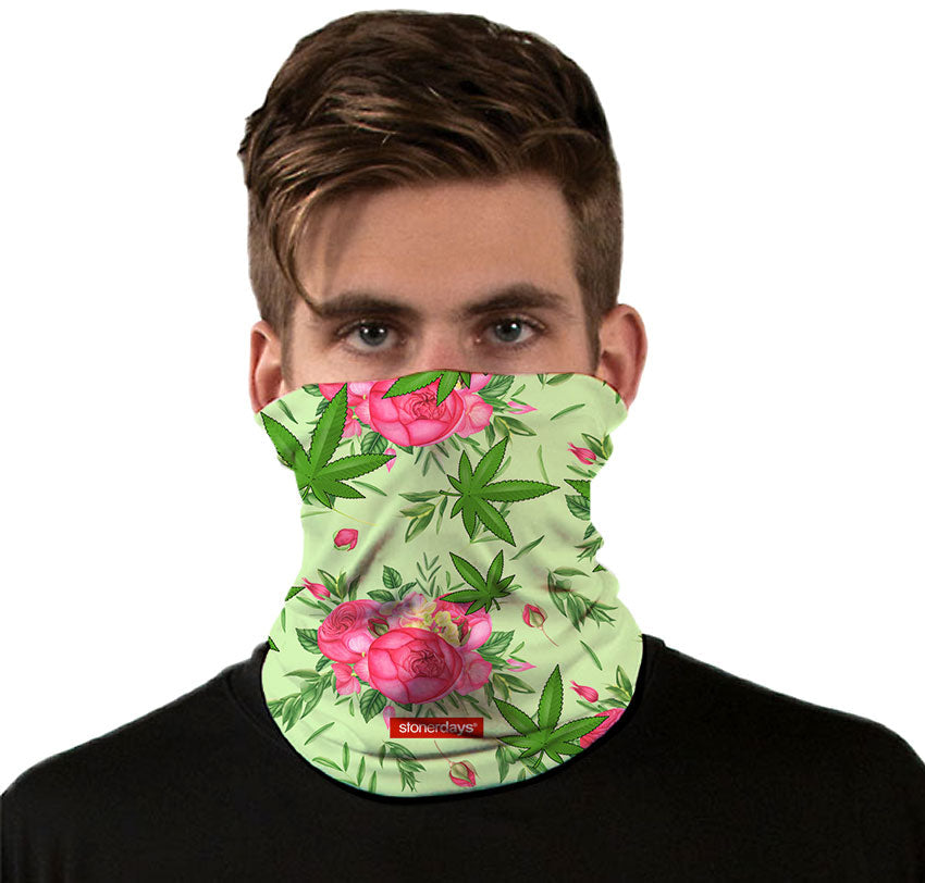 StonerDays Neck Gaiter with Roses and Kush Design, Medium Size, Front View