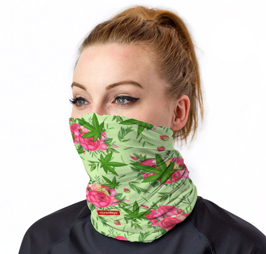 StonerDays Neck Gaiter with Roses and Kush Design, Front View on Model
