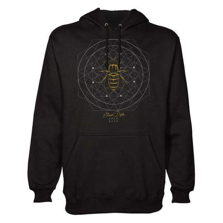 StonerDays Sacred Beeometry Hoodie in black with geometric bee design, front view on white background