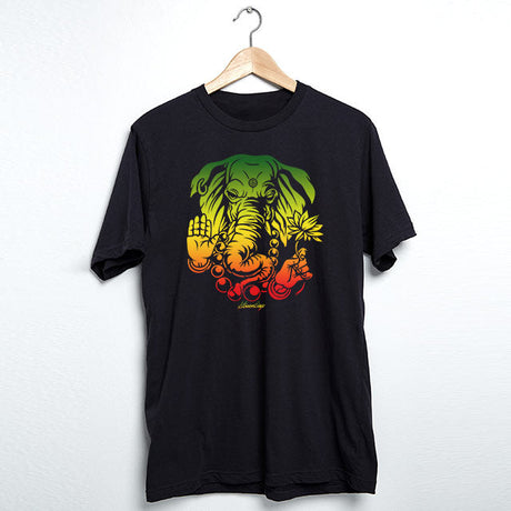 StonerDays Sacred Elephant Tee in black cotton, front view on hanger, vibrant print, sizes S to 2XL