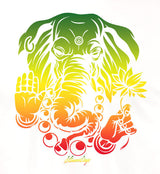 StonerDays Sacred Elephant White Tee with vibrant color gradient design, unisex fit, close-up view