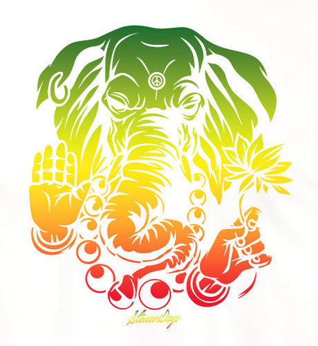 StonerDays Sacred Elephant White Tee with vibrant color gradient design, unisex fit, close-up view