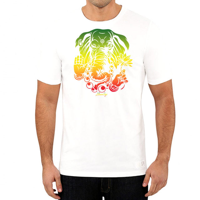 StonerDays Sacred Elephant White Tee front view on male model, sizes S to 3XL