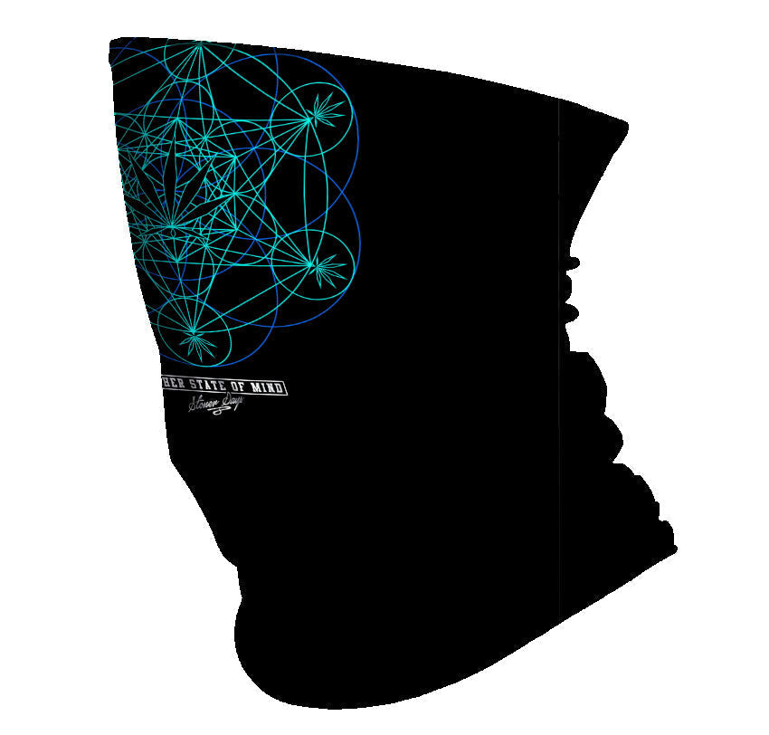 StonerDays Sacred Leaf Geometry Neck Gaiter in black with blue design, side view