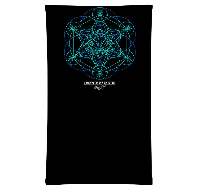 StonerDays Sacred Leaf Geometry Neck Gaiter, black with blue design, front view
