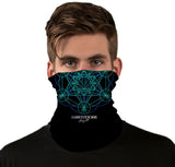 Front view of a person wearing StonerDays Sacred Leaf Geometry Neck Gaiter in black with blue design