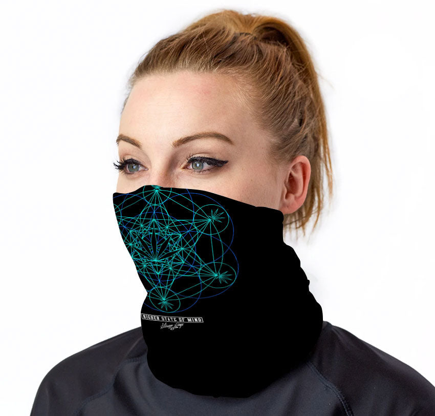 StonerDays Sacred Leaf Geometry Neck Gaiter worn by model, front view, black with teal design