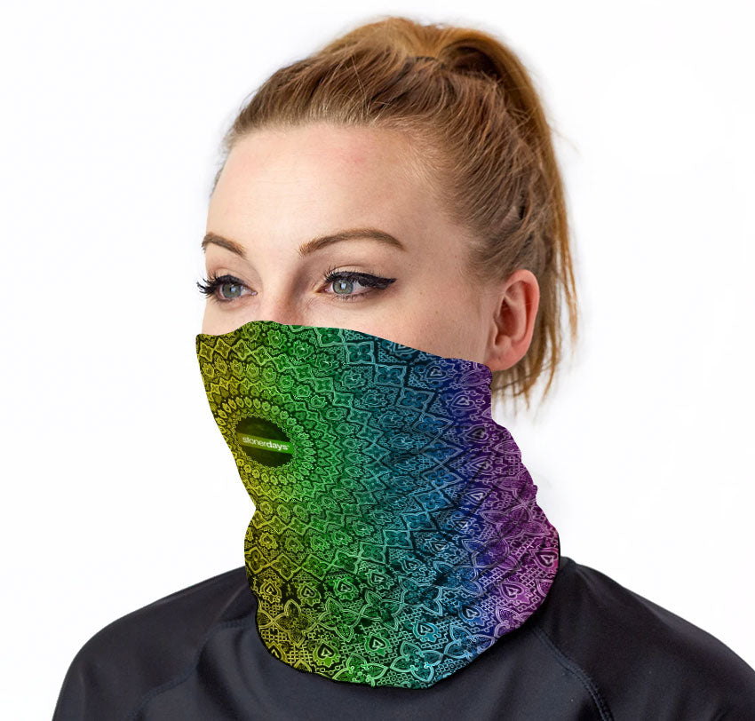 StonerDays Sacred Rainbow 420 Neck Gaiter with vibrant color gradient, front view on model