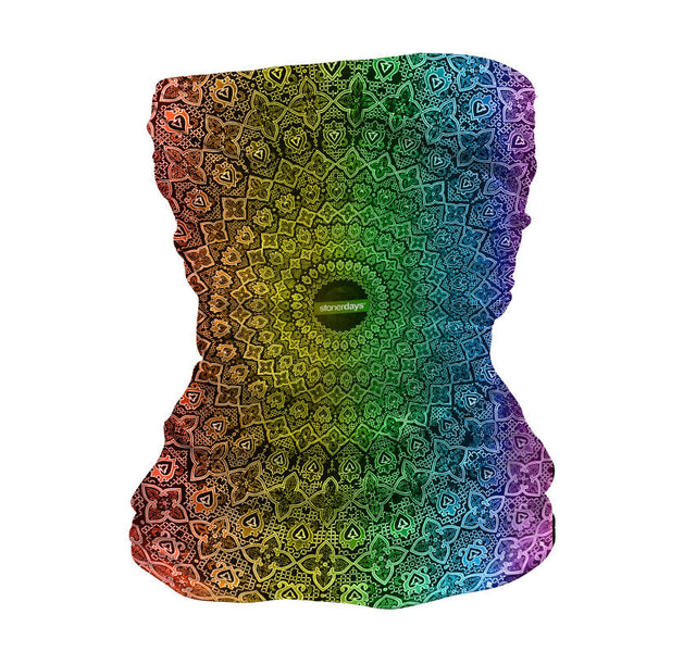 StonerDays Sacred Rainbow 420 Neck Gaiter with vibrant psychedelic pattern, front view