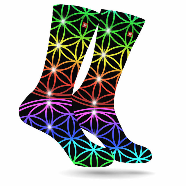 StonerDays Sacred Rainbow Socks with vibrant UV reactive pattern, front view on white background