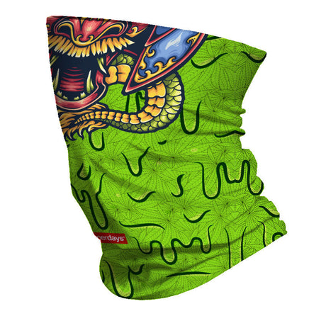 StonerDays Samurai Slime Neck Gaiter in green with intricate design, versatile polyester apparel