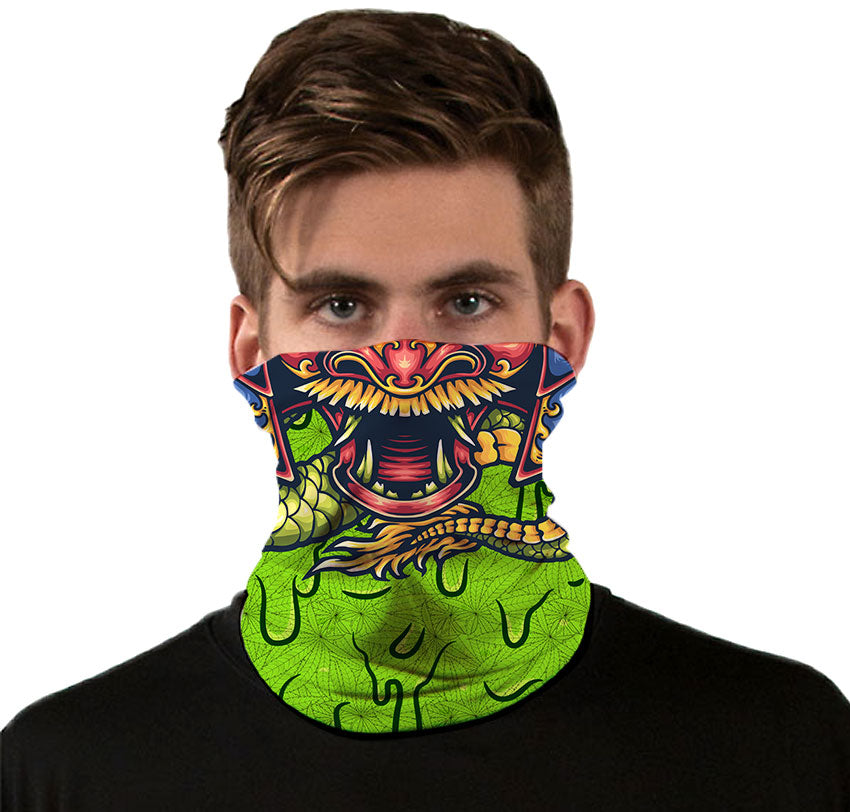 StonerDays Samurai Slime Neck Gaiter in vibrant green with samurai design, front view on model