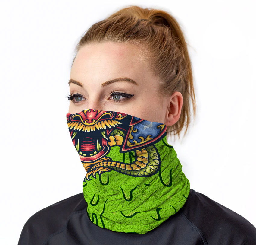 StonerDays Samurai Slime Neck Gaiter in green and gray, front view on model, polyester material