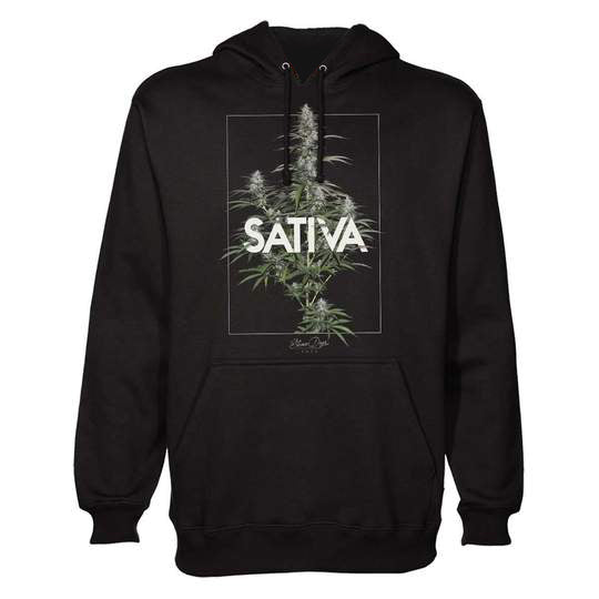 StonerDays Sativa Men's Hoodie in Black with Chillum Design, Front View on White Background