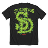 StonerDays men's black cotton t-shirt with green leafy logo, rear view on white background